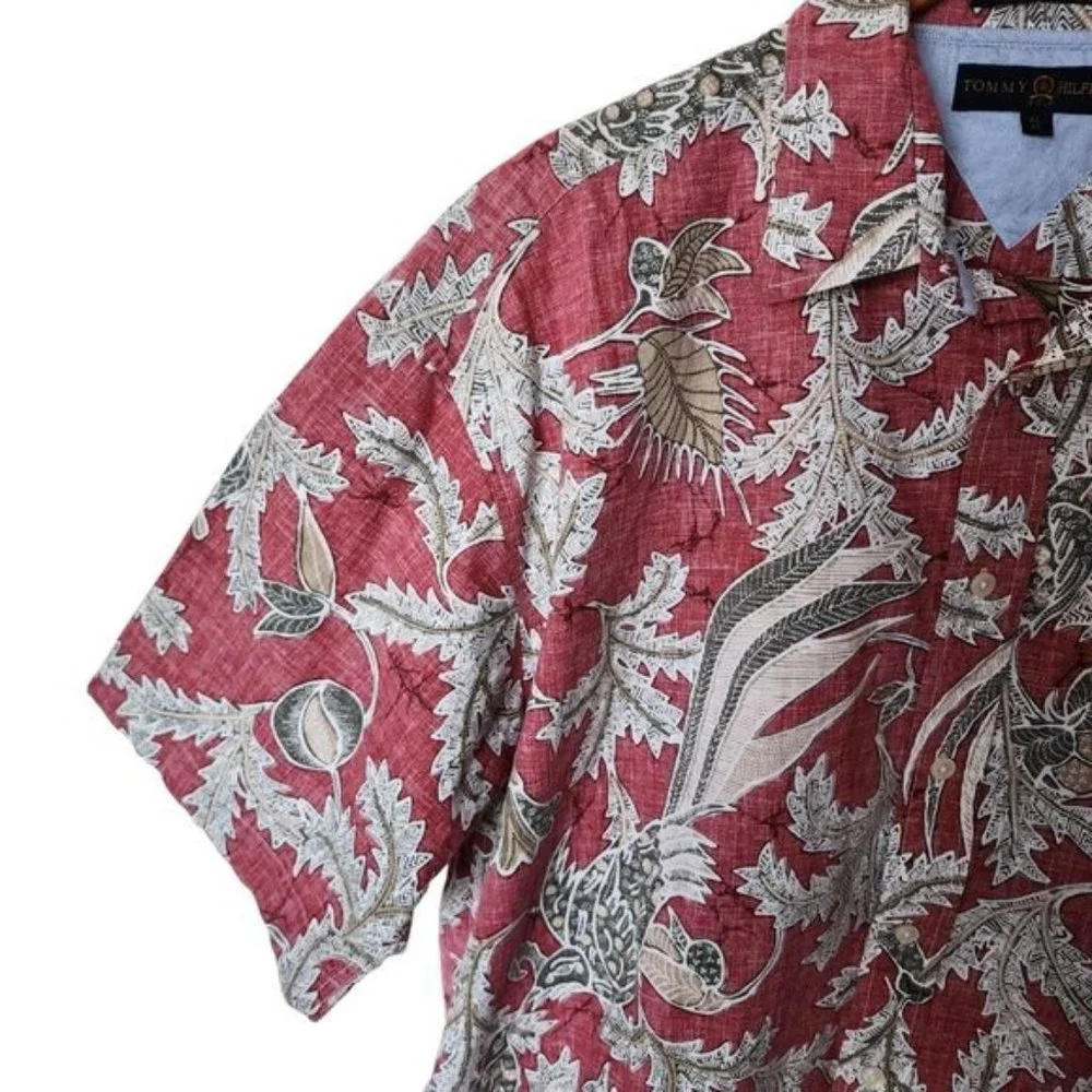 Tommy Hilfiger Golf Red Floral Hawaiian Style Button Up Men's‎ XL Cotton
